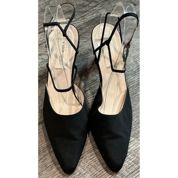 Women's Bergdorf Goodman Black Canvas Cone Strappy Heels Pointed Toe US 6.5 B - Picture 1 of 8